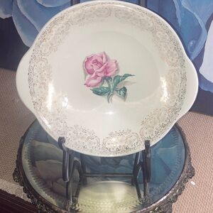 Vintage 1920s 22 K Gold Elegant Floral  Serving Bowl with Pink Rose Design